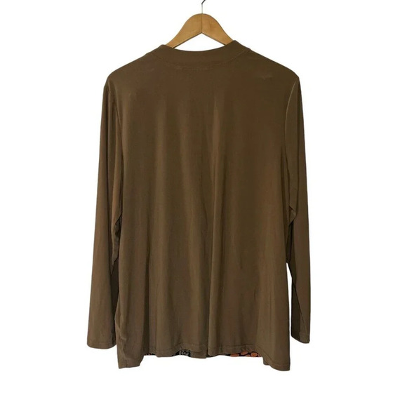 Bob Mackie Wearable Art Button Up XL Abstract Olive Green Orange Black Stretch - Picture 2 of 5